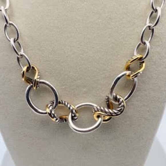 Brighton  Silver & Gold Link Statement Necklace | Two Tone Circle  Rope Chain - Picture 3 of 7